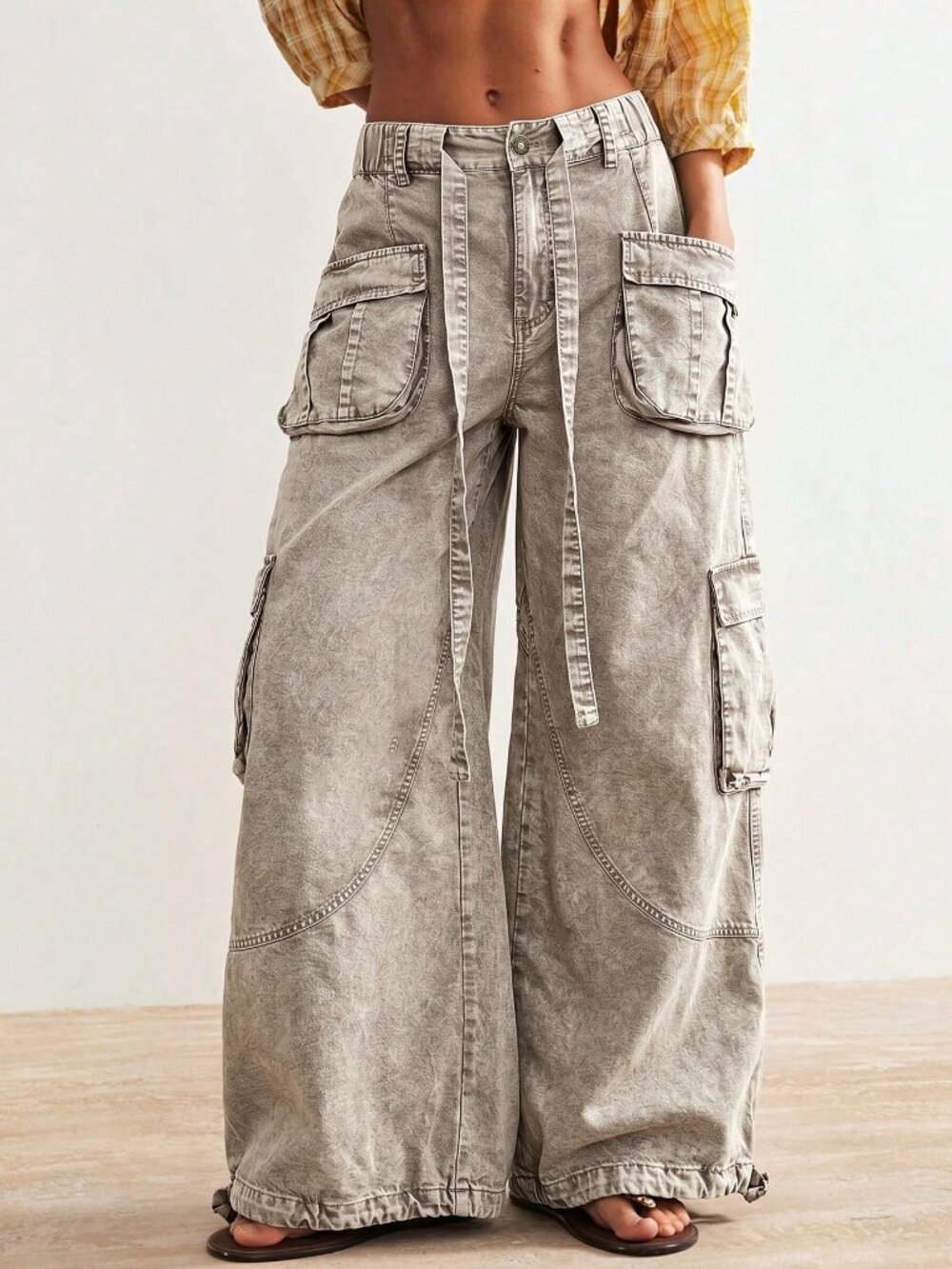 Apricot Casual Women's Woven Loose Cuffed Low Waist Loose Long Pants